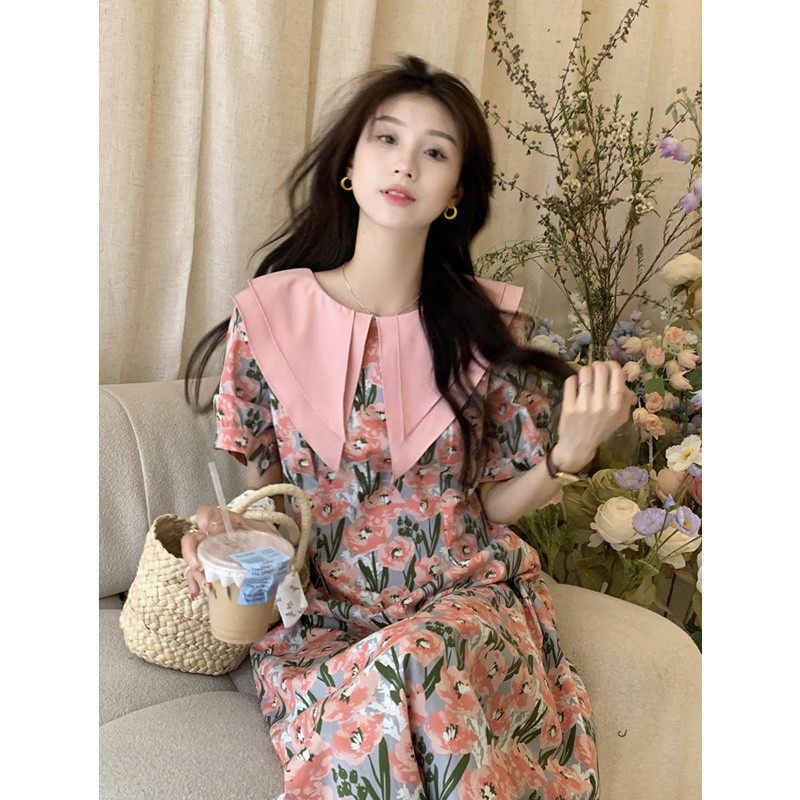 ชุดเดรสคอปกสีกรมท่าสองชั้น SFI2 แฟชั่นใหม่ฤดูร้อน ชุดเดรสยาวกลางลายดอกไม้ที่เข้ารูปเอวสำหรับผู้หญิง