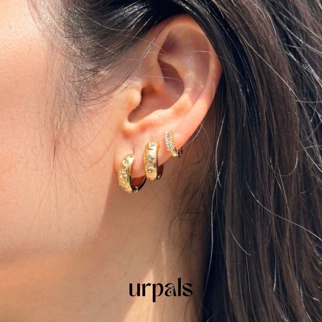 URPALS ต่างหูห่วง ตัวเรือน Stainless ชุบทอง 18K ฝังเพชร CZ เกรด AAA ไม่ลอกไม่ดำ