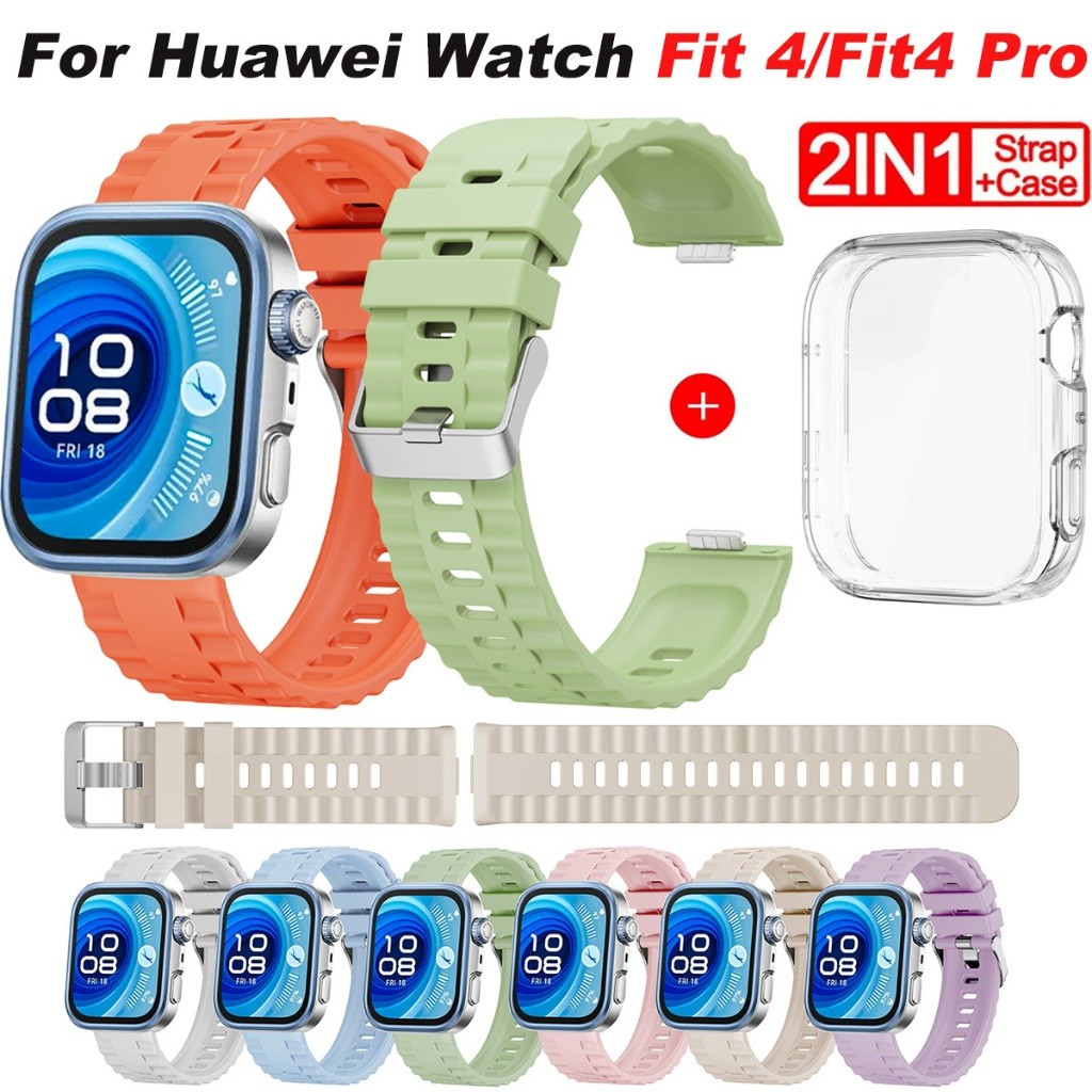 สายรัดซิลิโคนกีฬาพร้อมเคส TPU ปกป้องหน้าจอสําหรับ Huawei Watch Fit 4/Huawei Fit4Pro soft Band