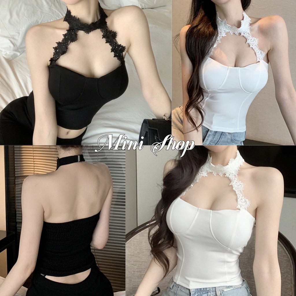 Mini shop🌸พร้อมส่ง🌸(FY2234-J) เสื้อเกาะอก มีฟองน้ำ คล้องคอ แต่งโชเกอร์ลายลูกไม้ สีพื้นขาวดำ เว้าหลัง สวยหรูและทันสมัย