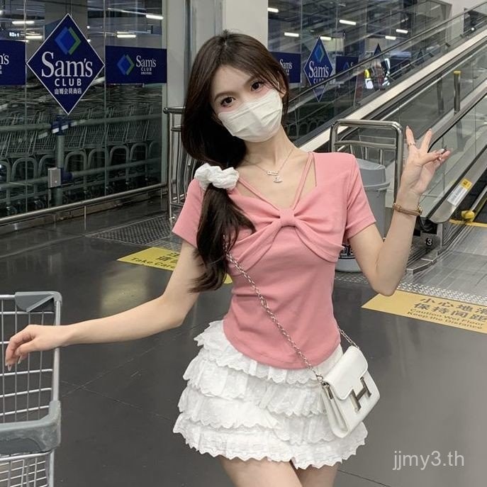 [สไตล์ใหม่ + จัดส่งฟรี] เสื้อยืดแขนสั้นคอเหลี่ยมแบบโบว์โบว์สำหรับผู้หญิง แฟชั่นฤดูร้อนใหม่ เสื้อสลิม