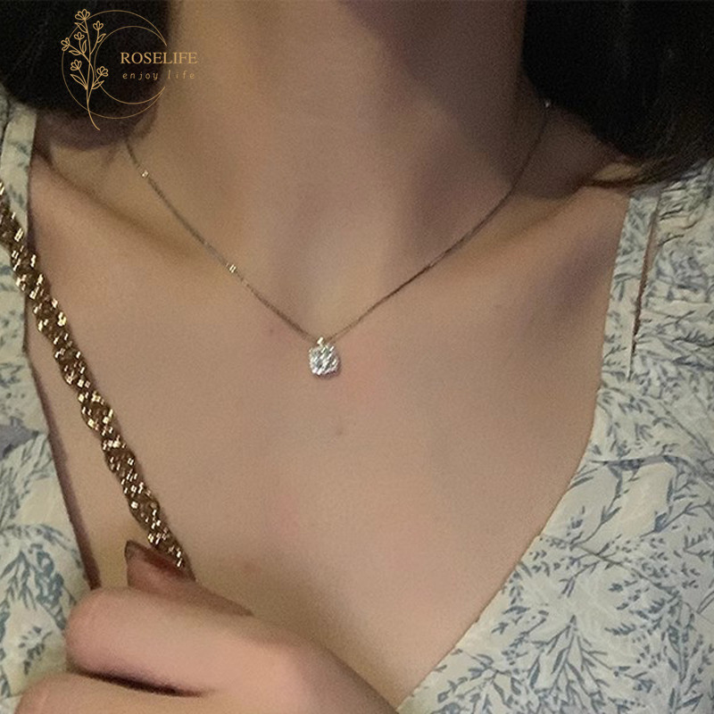 Roselife S925 เงินคริสตัล Cube จี้สร้อยคอดIAM Rhinestone คอเครื่องประดับ