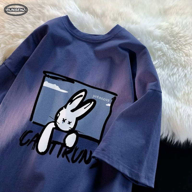 M-8XL เกาหลีการ์ตูนสีฟ้าแขนสั้นผู้ชายขนาดบวกเสื้อยืดลําลองหลวม