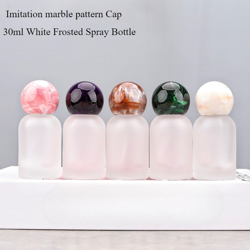 30ML Marbling Ball ฝาปิดขวดสเปรย์น้ําหอมแก้วฝ้าสีขาวขวดเปล่ารีฟิลสําหรับเดินทาง