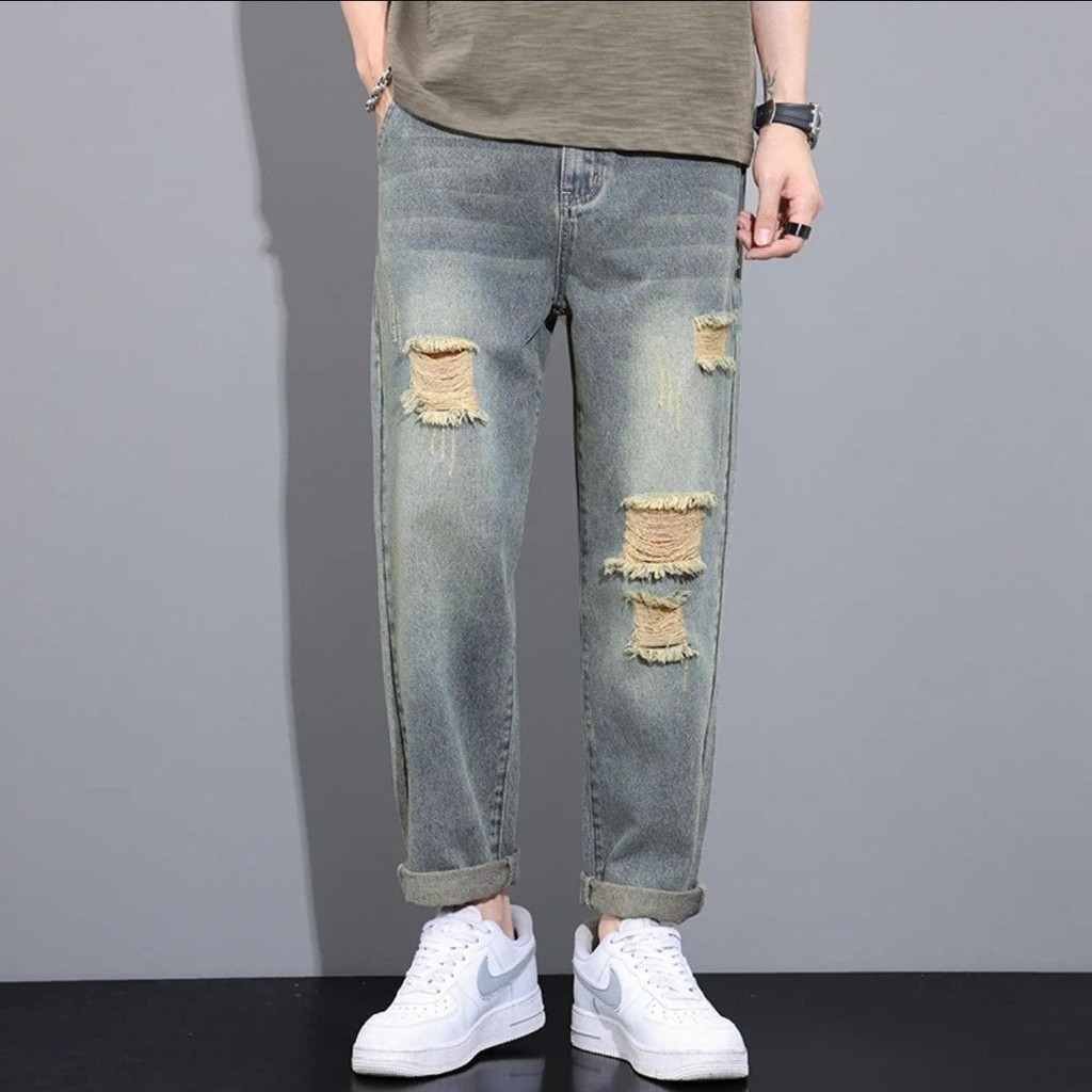 ยีนส์ขาสั้นผู้ชายแบบหลวมๆ สำหรับฤดูร้อน มีรู แฟชั่นใหม่ ขาตรงบาง ใช้งานได้หลากหลาย - รูปที่ 3