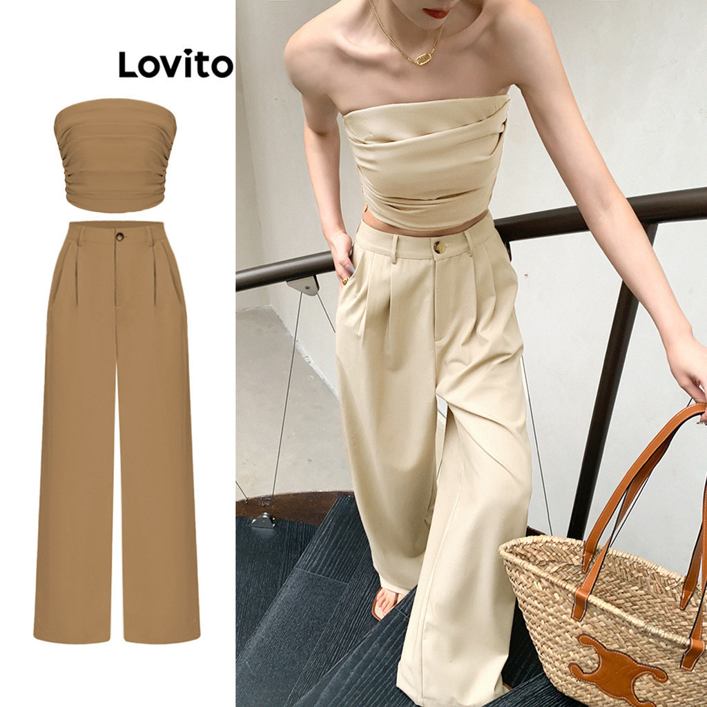 Lovito เสื้อแจ็คเก็ตหรือกางเกงขายาวผู้หญิง Ruched L62ED117