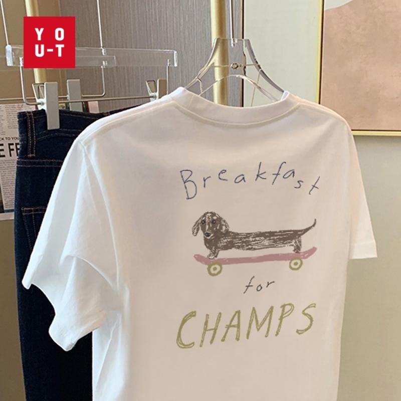 Y-T🍓เสื้อยืดแขนสั้นแฟชั่นสตรี ไม่มีริ้วรอย ผ้าฝ้าย พิมพ์ "CHAMPS" ไม่หดตัว สบายๆสไตล์เกาหลี