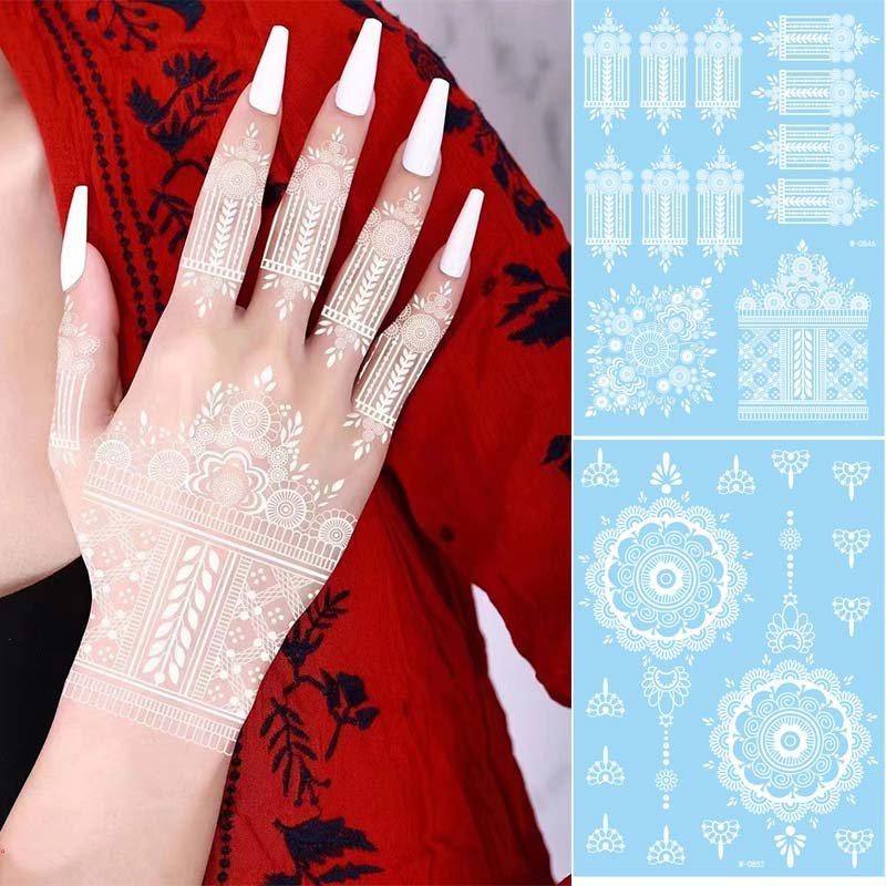 สติ๊กเกอร์รอยสักชั่วคราว อินเดีย เฮนน่า ลูกไม้ สีขาว ยาวนาน เพื่อเจ้าสาวและงานแต่งงาน มันดาลา ดอกไม้