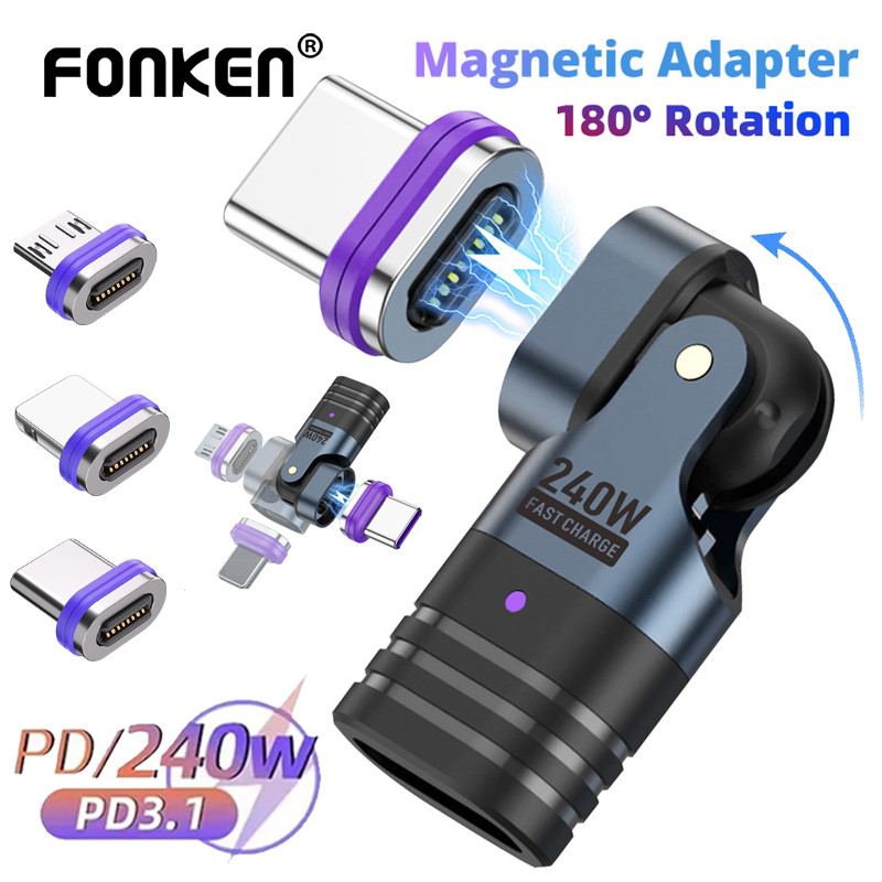 Fonken PD240W USB C อะแดปเตอร์แม่เหล็กถึง 16Pin Type-C Micro USB iOS ชาย 180° ตัวแปลงข้อมูลการหมุน