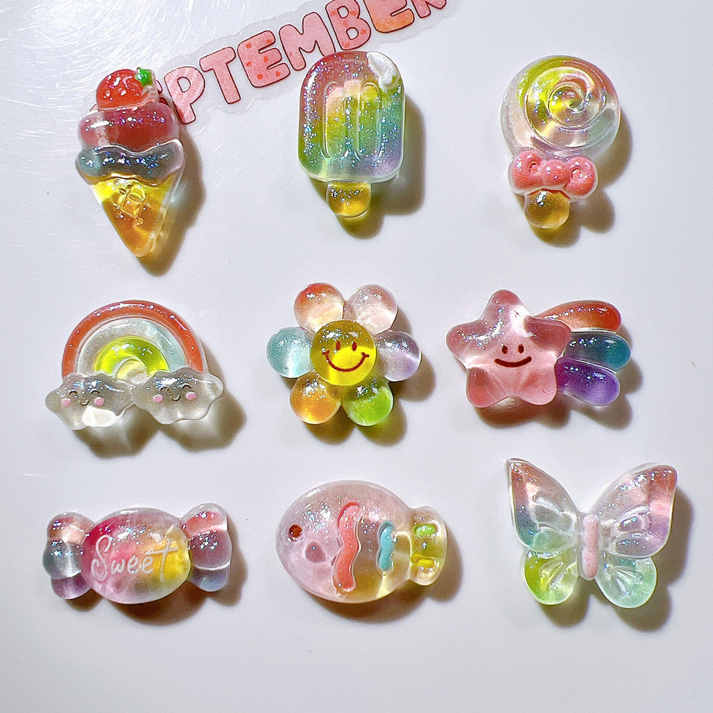10ชิ้น/แพ็คใสสีไอติมดอกไม้ลูกอมเรซิ่นทําเองรองเท้าหัวเข็มขัดวัสดุที่ทําด้วยมือถ้วยน้ําสติกเกอร์อุปกรณ์
