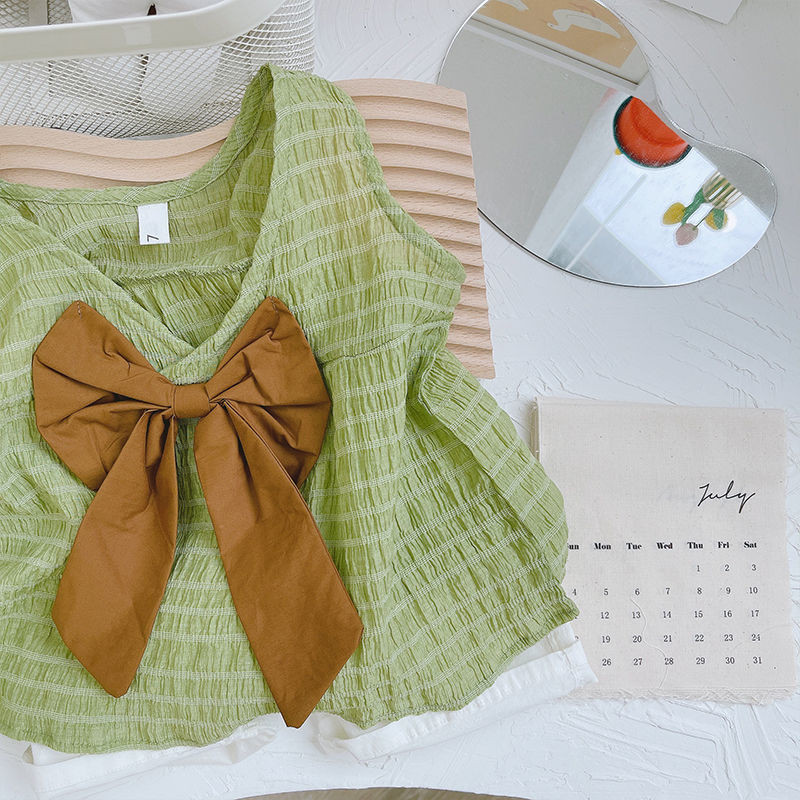 ฤดูร้อน เสื้อกล้ามแขนกุดโบว์สำหรับเด็กผู้หญิง สไตล์เกาหลี เสื้อสายเดี่ยวสีพื้นสำหรับเด็ก - รูปที่ 6