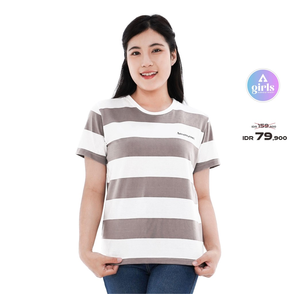 Aerostreet Rugby Womens Light Grey Stripe เสื้อยืดผู้หญิง Casual Cotton Combed Cool Two Tone ไม่ร้อน