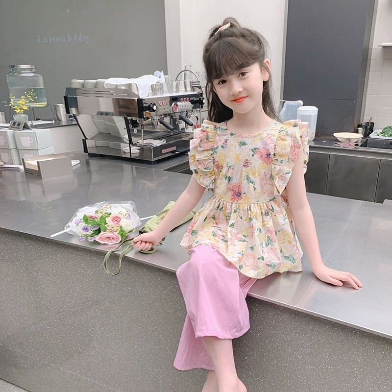 ชุดเซตเด็กผู้หญิง เสื้อพร้อมกาวเกง ชุดเด็กผู้หญิงน่ารัก สีสันสดใส เสื้อลายดอก กางเกงผ้าไหม เหมาะสำหรับฤดูร้อน ผ้าใส่สบาย - รูปที่ 5