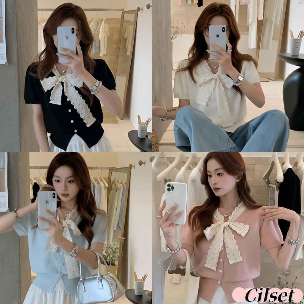 Cilset🛒พร้อมส่ง🎀 เสื้อผ้าผู้หญิง เสื้อไหมพรม แขนสั้น สีพื้น คอปกแต่งโบว์ น่ารัก ใส่สบาย สีพาสเทล /W-M099