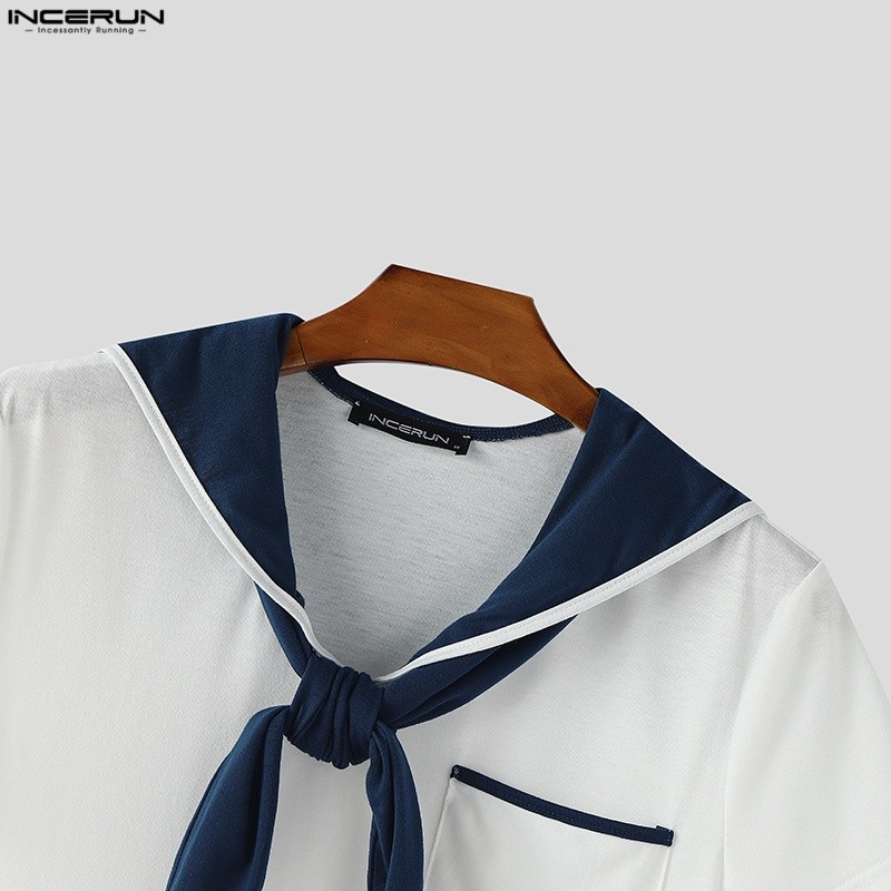 INCERUN تيشيرت رجالي فينتج بياقة كحلية وخطوط متباينة — صورة 8