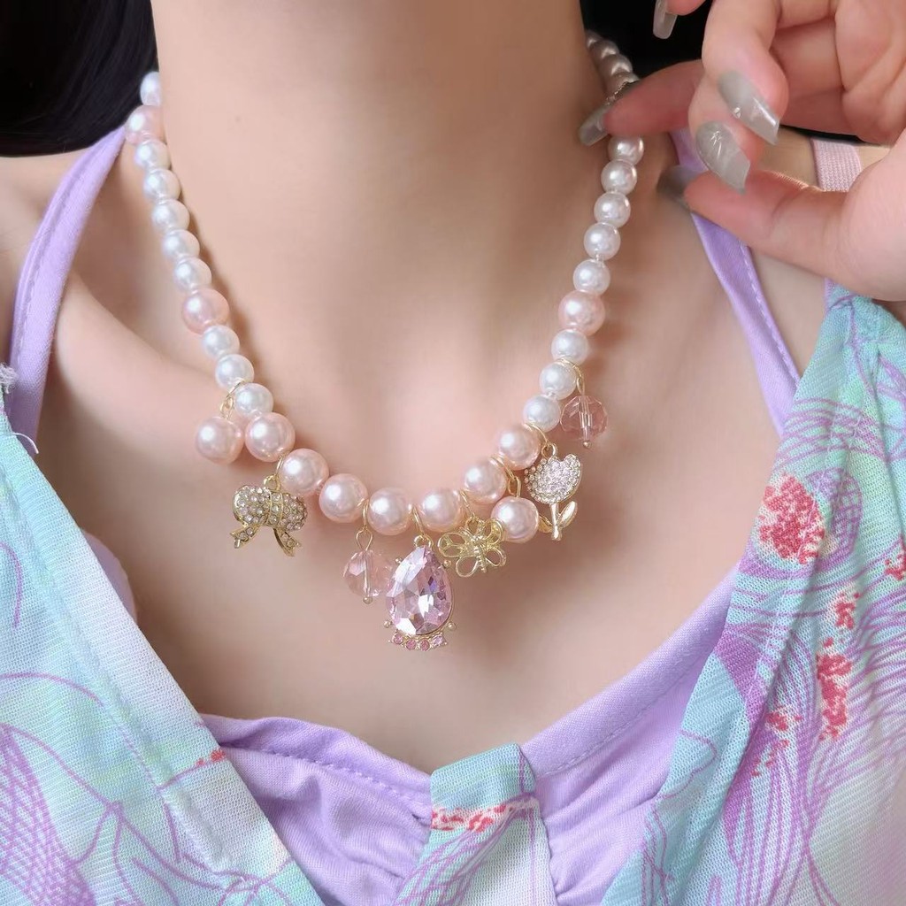 ฝรั่งเศสบาร็อคมุกหวานสีชมพูหัวใจจี้พรีเมี่ยมสร้อยคอ