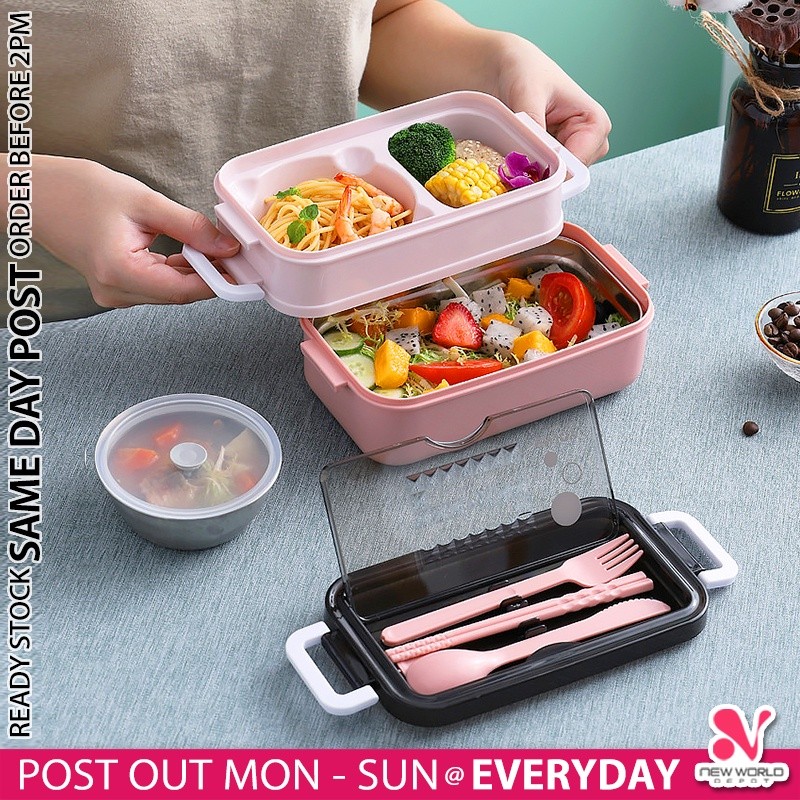 กล่องอาหารกลางวัน Bento สองชั้นแบบพกพาความจุขนาดใหญ่ภาชนะเก็บอาหาร Bekas Makan