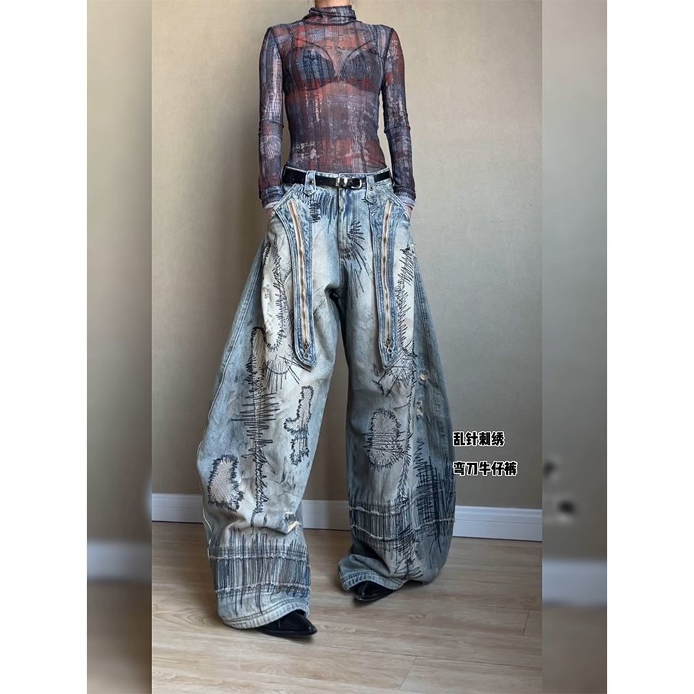 ไม่ซ้ำใคร! กางเกงเต้นแจ๊ส F&X สไตล์อเมริกันเรโทร ขนาดใหญ่ กางเกงยีนส์สีสก๊อตสำหรับผู้หญิง 2025 ฤดูใบไม้ผลิ กางเกงยาวปักลายสุ่มสำหรับสาวเผ็ด