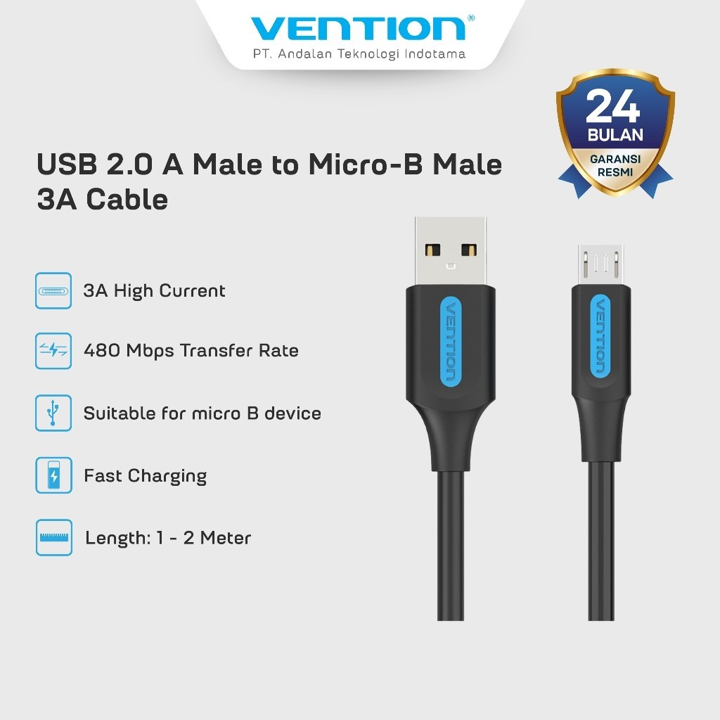 Vention สายชาร์จ USB A to Micro 3A Fast Charging 3A 480Mbps ยืดหยุ่นและทนทาน 25CM 50CM 1M 1.5M 2M 3M