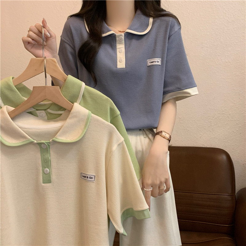 Solovely เสื้อยืด ผู้หญิง สไตล์เกาหลี วาฟเฟิล ลำลอง เสื้อตัวบน แขนสั้น เสื้อโปโล