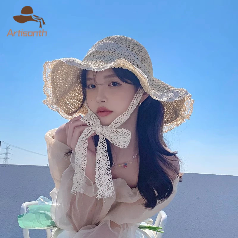 ส่งเร็ว💥หมวกฟางชายหาดสำหรับผู้หญิง ปีกหมวกกว้าง การออกแบบลูกไม้ แฟชั่นสไตล์เกาหลีหวานCOD.Artisanth