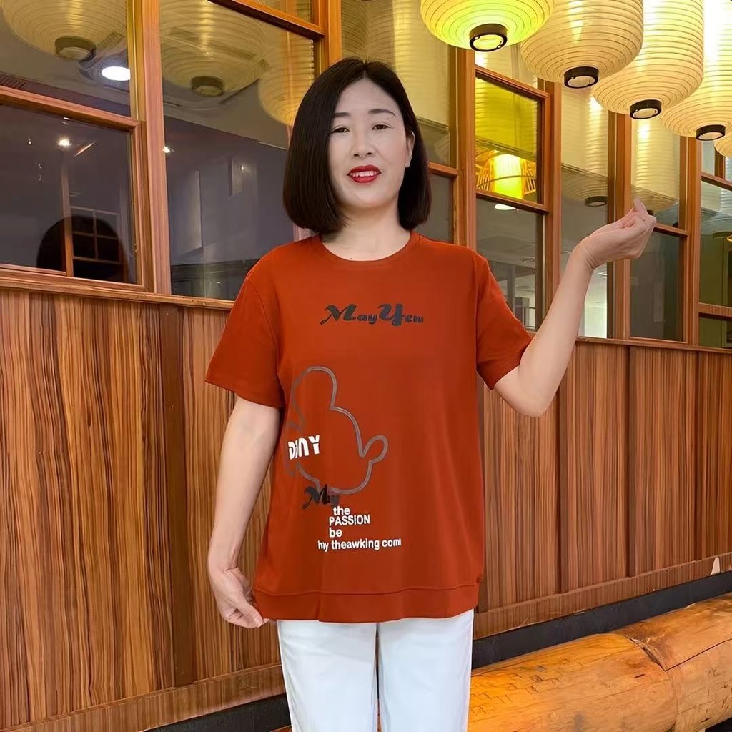 เสื้อผ้าฤดูร้อนเสื้อผ้าแม่แฟชั่นทุกการแข่งขันจดหมายพิมพ์แขนสั้นเสื้อยืดหลวม ผอมลง ดูบาง