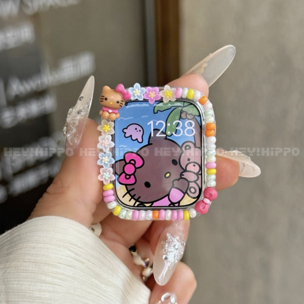 เคสป้องกันการออกแบบลูกปัดสีดอกไม้เหมาะสําหรับ ฉันดู10/9/8/7/6/5/4 แมวการ์ตูนน่ารักเหมาะสําหรับสมาร์ทวอทช์ 46/45/44/42/41/40/43มม