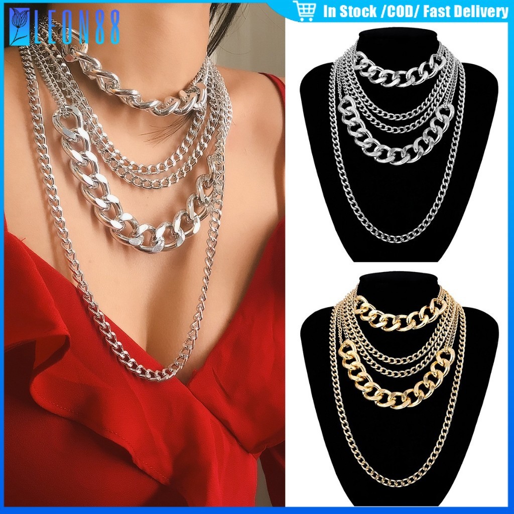 ของมาใหม่！สร้อยคอพังค์ เครื่องประดับสร้อยคอโซ่ยาว สร้อยฮิปฮอป สีทอง สีเงิน