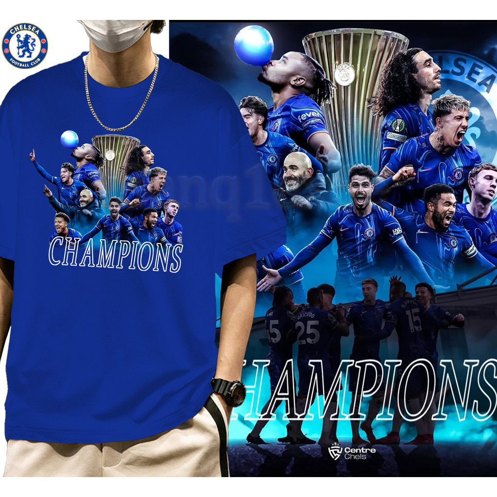 "Champion！"Europa League Chelsea 2025 แชมป์ลอนเสื้อยืด, ยุโรปแกรนด์สแลม, งพิมพ์สำหรับผู้ชายและผู้หญิ