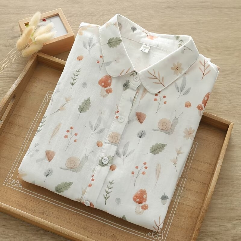 100%ผ้าฝ้ายเสื้อสุภาพสตรีเห็ดสดพิมพ์สองชั้นเส้นด้ายฝ้ายเสื