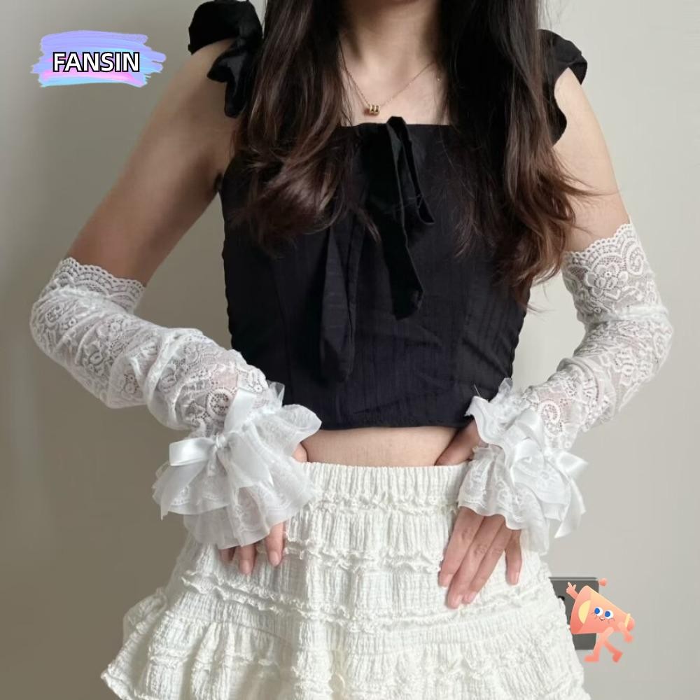 FANSIN ถุงมือข้อมือเจ้าสาว, ปลอกแขนกันแดดลูกไม้ Bowknot Womens Sleeve, Graceful Y2K Hollow Out ถุงมือยาว