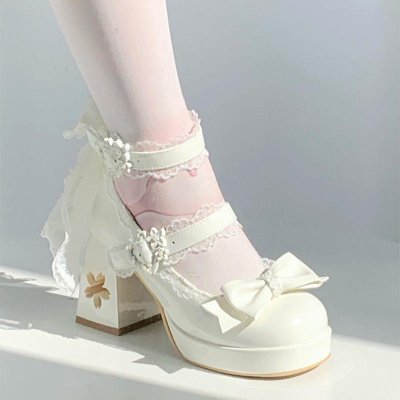 ใหม่ Lolita รองเท้าหวาน Bow Mary Jane Cherry Blossom ส้นสูง