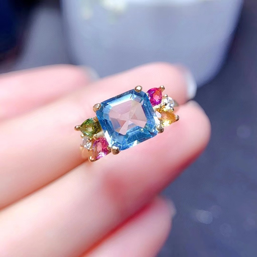 Leah Emerald Cut Aquamarine Shengma แหวนผู้หญิงเปิด 6.9 บุษราคัมเลียนแบบ