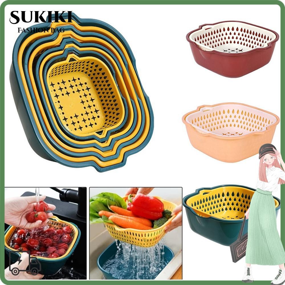 SUKIKI Double Layer ตะกร้าระบายน้ํา, 2in1 ถาดผลไม้ห้องครัวท่อระบายน้ําตะกร้า, Draining คอนเทนเนอร์มัลติฟังก์ชั่ Wash & Drainer ตะกร้าในครัวเรือน