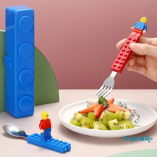 AQQ-เด็กวัยหัดเดินช้อนส้อมชุด Building Blocks Flatware เครื่องครัวแบบพกพา Party Supplies