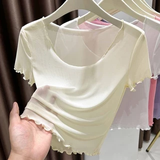 เสื้อยืดแขนสั้นคอเหลี่ยมตาข่ายผ้าไหมน้ำแข็งสำหรับผู้หญิง สไตล์สั้นกระดูกไหปลาร้าฤดูร้อน ชั้นฐานเชียร์บาง