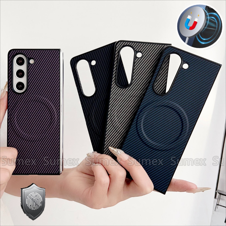 เคสโทรศัพท์คาร์บอนไฟเบอร์บางเฉียบสําหรับ Samsung Galaxy Z พับ 7 6 5 4 3 5G กันกระแทกแม่เหล็กชาร์จแหวนปลอกแฟชั่นป้องกันลายนิ้วมือปกหลัง Fold7 Fold6 Fold5 Fold4 Fold3