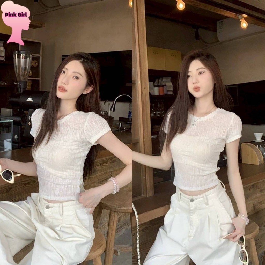 💋Pink girl💋​พร้อมส่ง เสื้อยืดครอปสั้น คอกลม ผ้าไหมพรมสีครีมใส่ง่าย การออกแบบเข็มขัดเอวด้านหลัง' 8K17