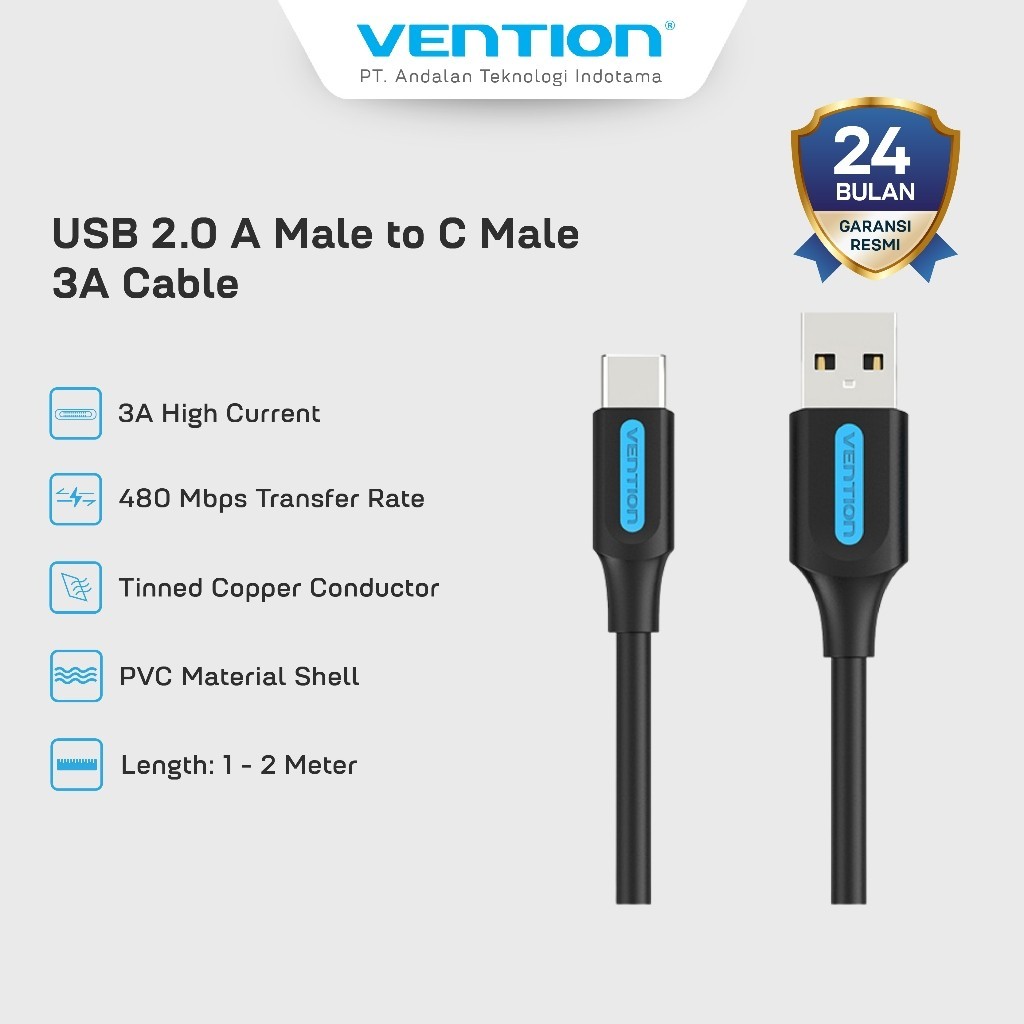 Vention สายชาร์จ USB A to C 3A สายชาร์จเร็ว 3A 480Mbps ยืดหยุ่นและทนทาน 25CM 50CM 1M 1.5M 2M 3M - CO
