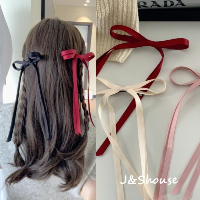 เคเอฟ1042 เกาหลีที่เรียบง่ายบางยาวริบบิ้นโบว์ผมฤดูใบไม้ผลิคลิปกิ๊บผมผู้หญิงอุปกรณ์เสริม