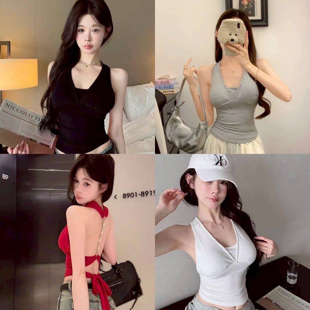 Pudding ~พร้อมส่ง~ "FY10112" เสื้อคล้องคอ มีฟองน้ำในตัว ดีเทลเว้าหลังสีพื้น