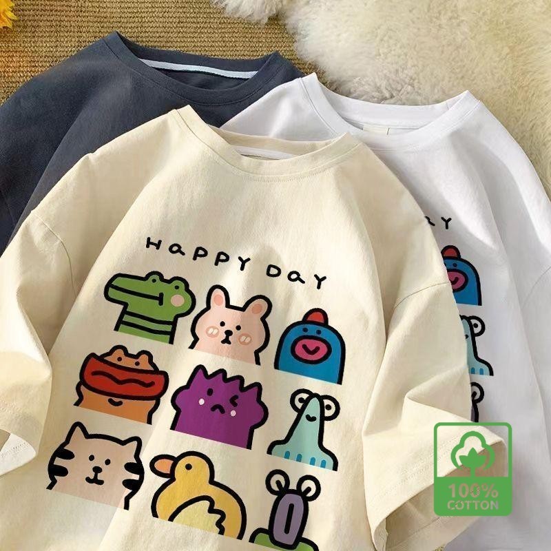 TeeTwoOne  เสื้อเกาหลี ผู้หญิง T-shirt "HAPPY DAY" พิมพ์ลาย ผ้าCOTTON100% โคตรนุ่ม OVERSIZE เสื้อคอกลม【COD】