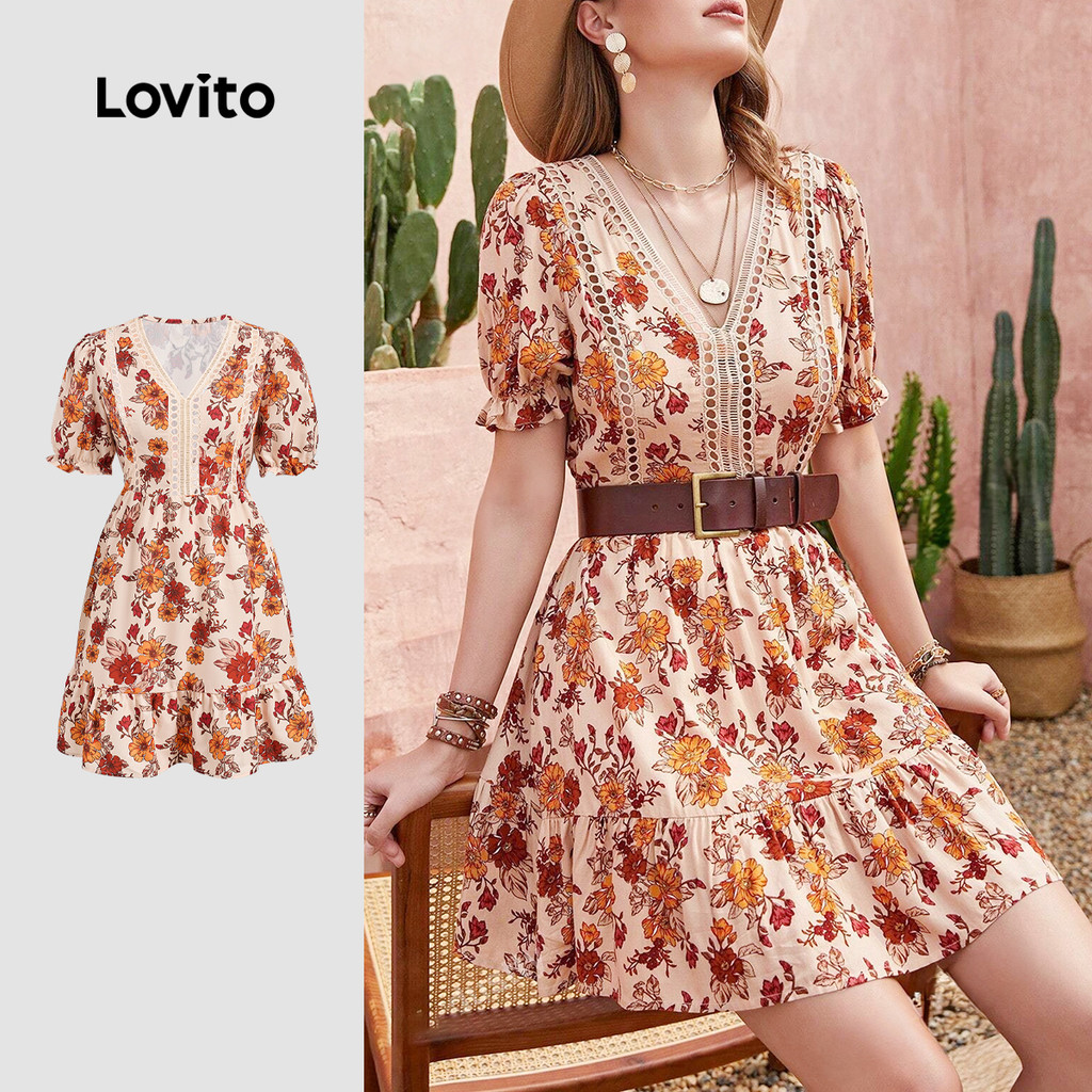 Lovito โบโฮ ชุดเดรสคอระบายลายดอกไม้สําหรับผู้หญิง LBL24567