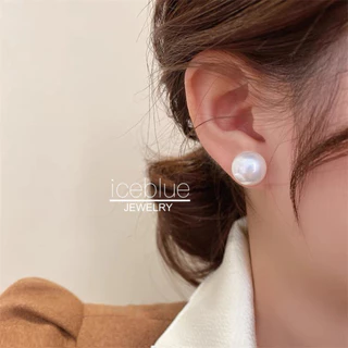 iceblue-ต่างหูติดหูลูกมุกกลมแบน ขนาด 8 มม ถึง 14 มม ไม่ก่อภูมิแพ้ กันน้ำ กันเหงื่อ ไม่ซีดสี สำหรับสุภาพสตรี E97