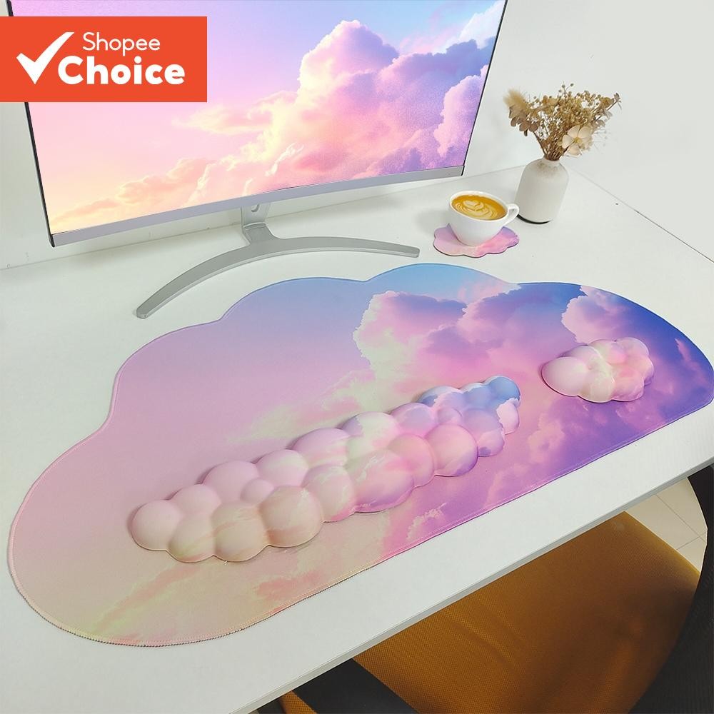 4pcs Cloud Mouse Pad และคีย์บอร์ดข้อมือ,ขยายขนาดใหญ่โต๊ะ Pad ชุด,หน่วยความจําโฟมลื่น Ergonomic Gaming Mouse Pad สายรัดข้อมือสําหรับคอมพิวเตอร์แล็ปท็อปโฮมออฟฟิศสีชมพู Sky