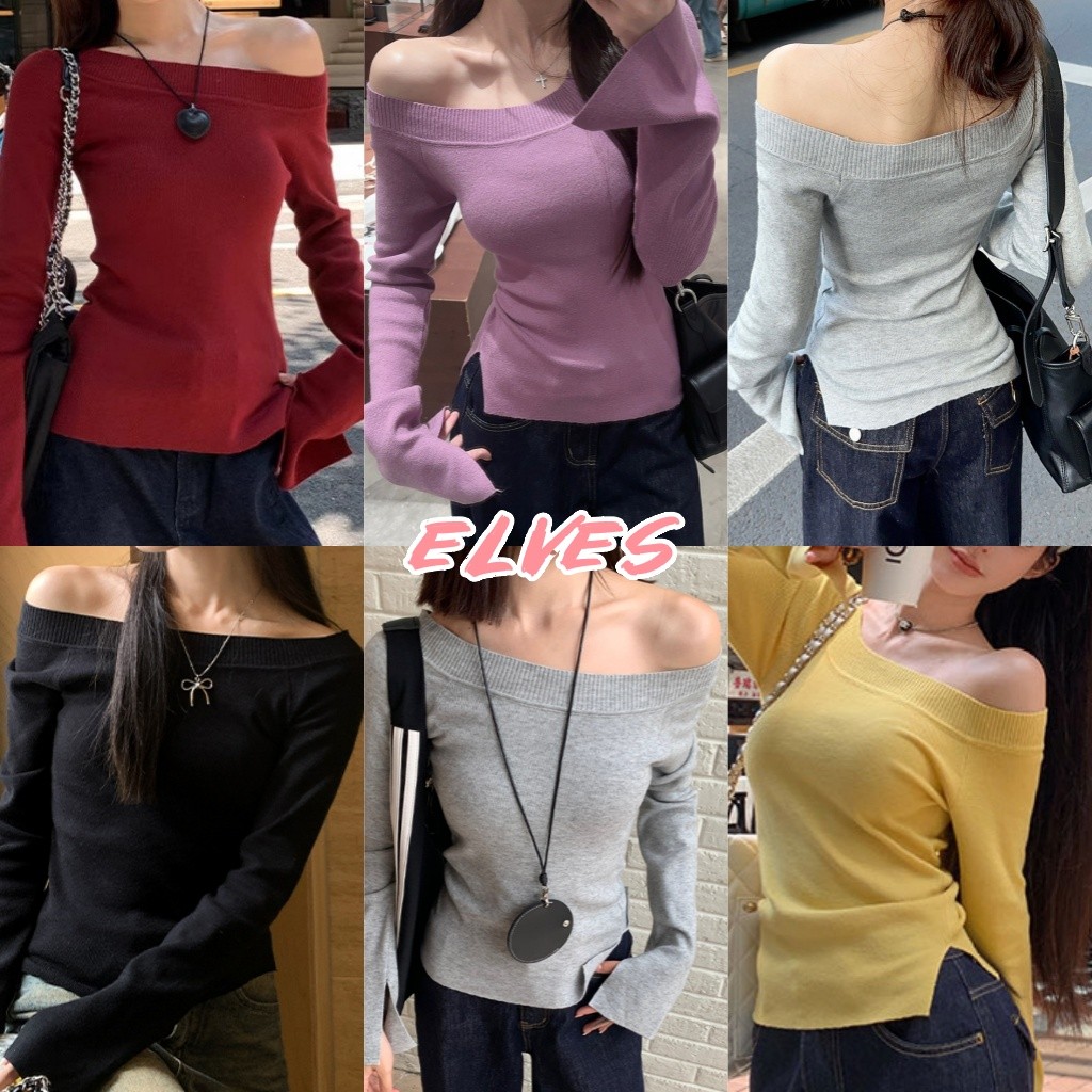 Elves พร้อม💟ผู้หญิงเ เสื้อไหมพรมแขนยาวสไตล์เกาหลี เปิดไหล่ ผ้าร่องยืดตามตัว ใส่ง่าย สไตล์เรียบง่าย "Z-Y76"