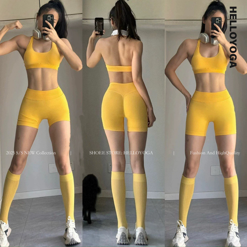ชุดบราสปอร์ตคอวีไร้รอยต่อ HELLOYOGA สำหรับผู้หญิง เอวกลาง-ต่ำ กางเกงขาสั้นฟิตเนส DFY เสื้อกั๊กโยคะชุดสองชิ้น
