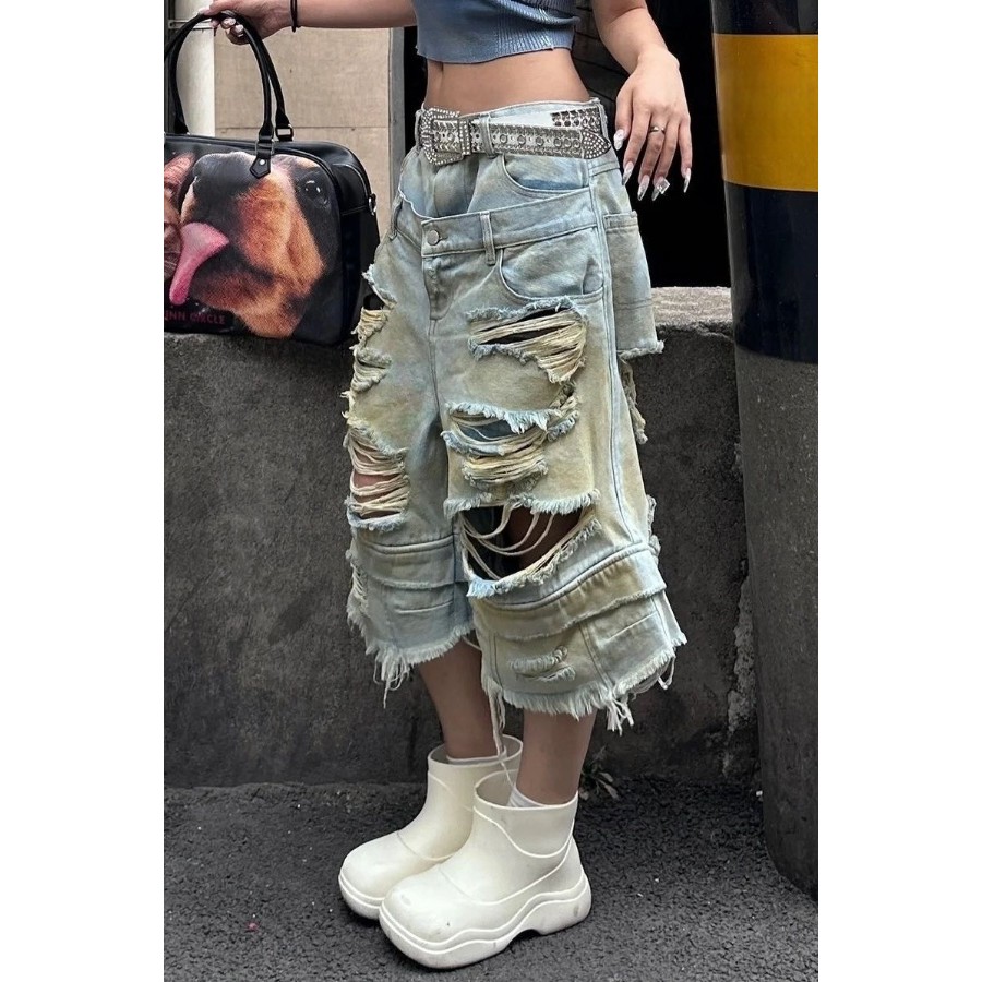 American Retro Ripped Wide-Leg Cropped กางเกงยีนส์ผู้หญิง ฤดูร้อน 2025 Distressed Design กางเกงขาสั้นห้าจุด