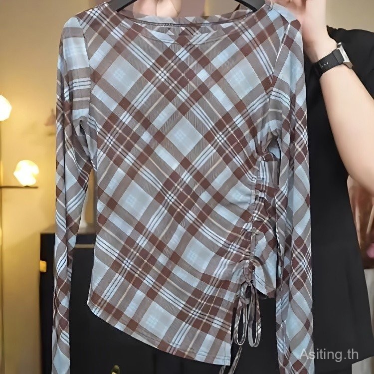 ท็อปเสื้อยืดแขนยาวลายตารางสไตล์เกาหลีแบบย้อนยุคสำหรับผู้หญิง ปกป้องแสงแดด
