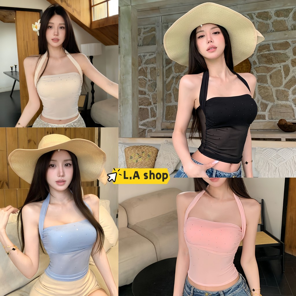 L.A Shop★สไตล์ใหม่★พร้อมส่ง เสื้อคล้องคอ มีฟองน้ำในตัว ซีทรู แต่งเพรช มี4สี"FY9358"